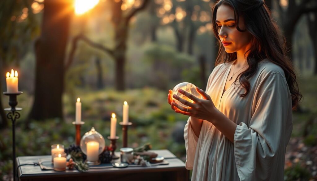 A serene, mystical scene depicting the concept of "intention" in a love spell setting. In the foreground, a beautiful Caucasian woman dressed in modest, flowing attire stands with her hands softly cupped around a glowing crystal orb, her expression filled with focus and sincerity. The middle ground features a small, elegantly arranged altar with candles, herbs, and symbols of love, all softly illuminated by the warm, golden light of sunset. The background fades into a tranquil, enchanted forest, where gentle light filters through the trees, creating a dreamy atmosphere. The overall mood is one of peaceful determination and clarity, inviting viewers to connect with the theme of setting clear intentions in spellcasting. Use a soft focus lens to enhance the ethereal quality of the scene.