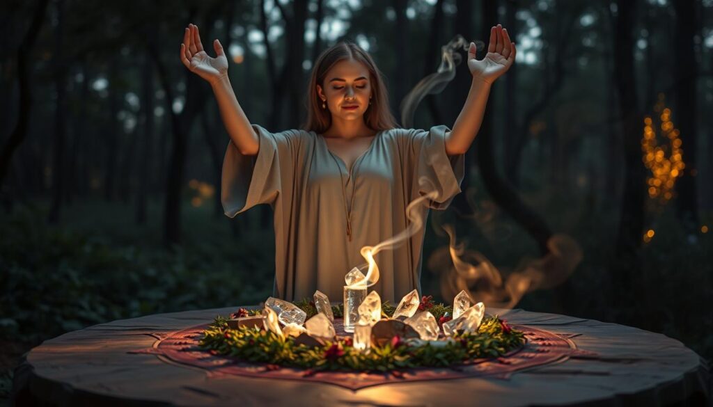 A serene, mystical scene depicting the concept of protection and cleansing. In the foreground, a beautiful Caucasian woman in modest, flowing clothing stands with her arms raised, surrounded by a gentle aura of glowing, soft light. Her expression is one of tranquility and focus. In the middle, a circle of shimmering crystals and herbs rests on a richly textured altar, emanating subtle, protective energy. Ethereal wisps of smoke curl upward, integrating flowery scents that symbolize cleansing. In the background, a lush forest bathed in luminescent twilight adds depth, with soft, ambient lighting filtering through the trees. The atmosphere feels enchanting yet peaceful, inviting reflection and mindfulness, captured with a slight depth of field to emphasize the figures and elements in the foreground.