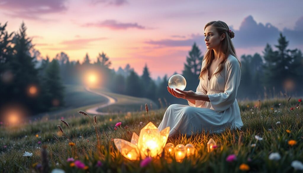 A serene, mystical scene depicting the concept of "results" in the context of love binding spells. In the foreground, a beautiful Caucasian woman in a modest, flowing white dress sits cross-legged on a soft, grassy meadow, surrounded by glowing crystals and vibrant flowers. She gazes thoughtfully at a crystal ball in her hands, with a peaceful expression. In the middle ground, a softly illuminated path winds through a lush forest, leading to a subtle, ethereal light source, symbolizing hope and clarity. The background features gently swaying trees and a twilight sky painted in shades of purple and gold, creating a tranquil atmosphere. The lighting is soft and magical, with a focus on warm glows emanating from the crystals, enhancing the enchanting mood of the scene.