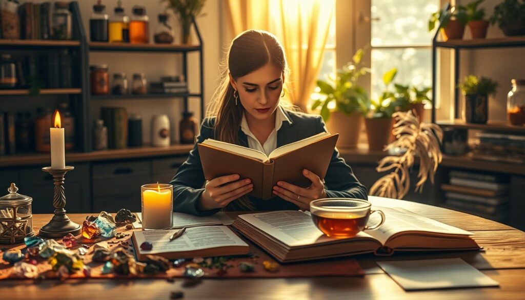 A serene, mystical scene focused on a beautifully organized workspace for troubleshooting love spells. In the foreground, a delicate wooden table is scattered with colorful crystals, herbs, and open spell books, with a softly glowing candle illuminating the space. The middle ground features a young Caucasian woman in professional attire, intently examining a spell book, her brow furrowed in concentration. Beside her, a steaming cup of herbal tea emits light wisps of steam, adding warmth to the scene. The background showcases shelves lined with jars of potion ingredients and potted plants, bathed in warm, golden sunlight streaming through an inviting window. The atmosphere is tranquil yet contemplative, evoking a sense of hopeful determination and introspection. The overall lighting is soft and warm, enhancing the enchanting quality of the setting.