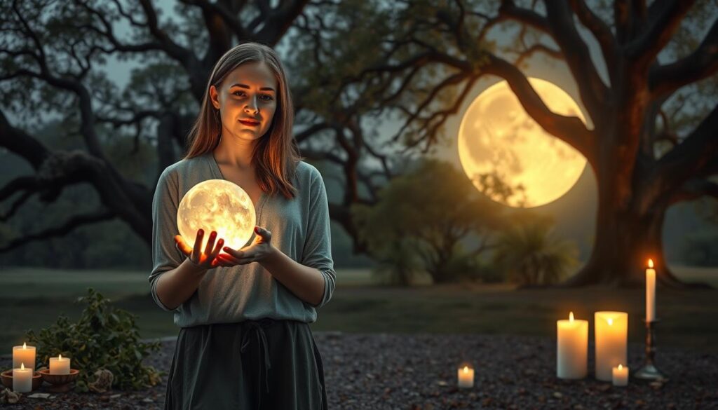 A serene, mystical scene illustrating the concept of a "timing matters love spell." In the foreground, a beautiful Caucasian woman in modest casual clothing stands holding a crystal orb, its soft glow illuminating her focused expression. Surrounding her are scattered herbs and candles, each representing different moon phases. In the middle ground, an enchanting outdoor location with ancient trees, crystal-clear moonlight filtering through the leaves, creating an ethereal atmosphere. The background features a softly glowing full moon in a starry sky, symbolizing perfect timing. The composition is captured from a slightly elevated angle to emphasize the mystical elements and the woman's connection to nature, with warm, inviting lighting that evokes a sense of hope and magic.