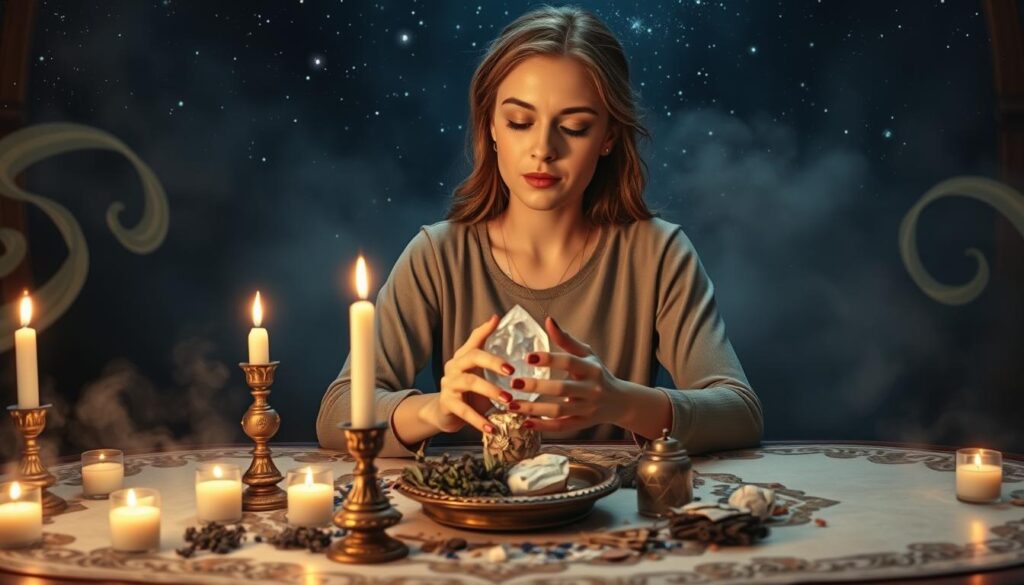 A serene, mystical scene illustrating the concept of love spells at work. In the foreground, a beautiful Caucasian woman in modest casual clothing, gently closing her eyes, surrounded by softly glowing candles on an ornate table. Her hands are delicately positioned over a crystal, symbolizing energy and intention. In the middle ground, an enchanting assortment of herbs and charms elegantly scattered, representing the elements involved in casting spells. The background features a dreamy, starry night sky, with wisps of ethereal mist swirling around, evoking a sense of connection to the universe. Soft, warm lighting casts gentle shadows, creating a tranquil, empowering atmosphere that reflects the themes of intention, energy, and the universe’s timing, inviting viewers into a world of mystical possibilities.