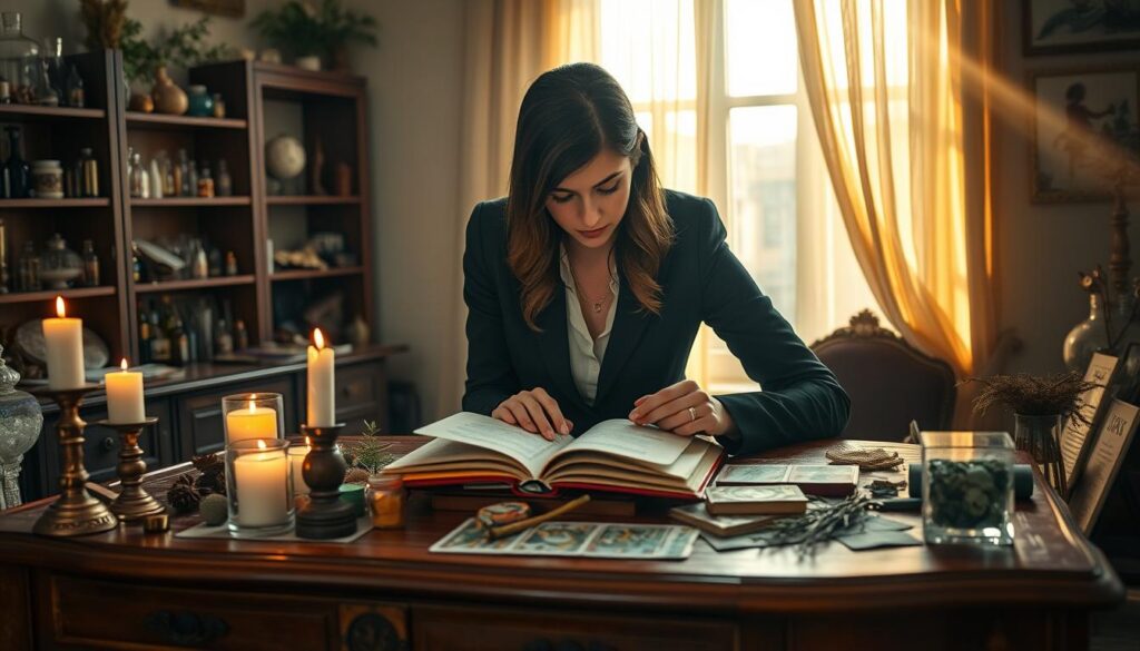 A serene, mystical setting in a softly lit room filled with magical artifacts. In the foreground, a beautifully detailed wooden table is cluttered with tools of divination: candles, tarot cards, and herbs. A thoughtful young Caucasian woman, dressed in professional business attire, leans over the table, studying an open spell book with a focused expression. The middle ground features a large window with sheer curtains, allowing gentle beams of golden light to illuminate the scene, enhancing the enchanting atmosphere. In the background, shelves lined with various crystals and potions create a sense of depth and intrigue. The mood is contemplative and inviting, emphasizing the theme of reflection and evaluation. The soft focus highlights the woman's intent as she considers adjustments in her spell-casting journey.