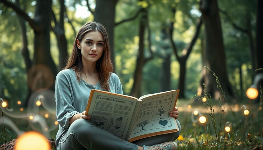A serene, mystical setting with a beautiful Caucasian woman in modest casual clothing, sitting cross-legged in a tranquil forest glade, surrounded by softly glowing orbs of light. In the foreground, she is holding an open book of spells, featuring delicate illustrations of love symbols and nature. Her expression is focused yet calm, conveying a sense of wisdom and safety. The middle ground includes ethereal wisps of mist and gentle, luminescent plants that add to the enchanted atmosphere. The background features tall, ancient trees with dappled sunlight filtering through the leaves, creating a peaceful and magical ambiance. The overall mood is calm and inviting, suggesting guidance and protection in the practice of love spells. Soft, warm lighting enhances the scene, emphasizing the sense of safety and tranquility.