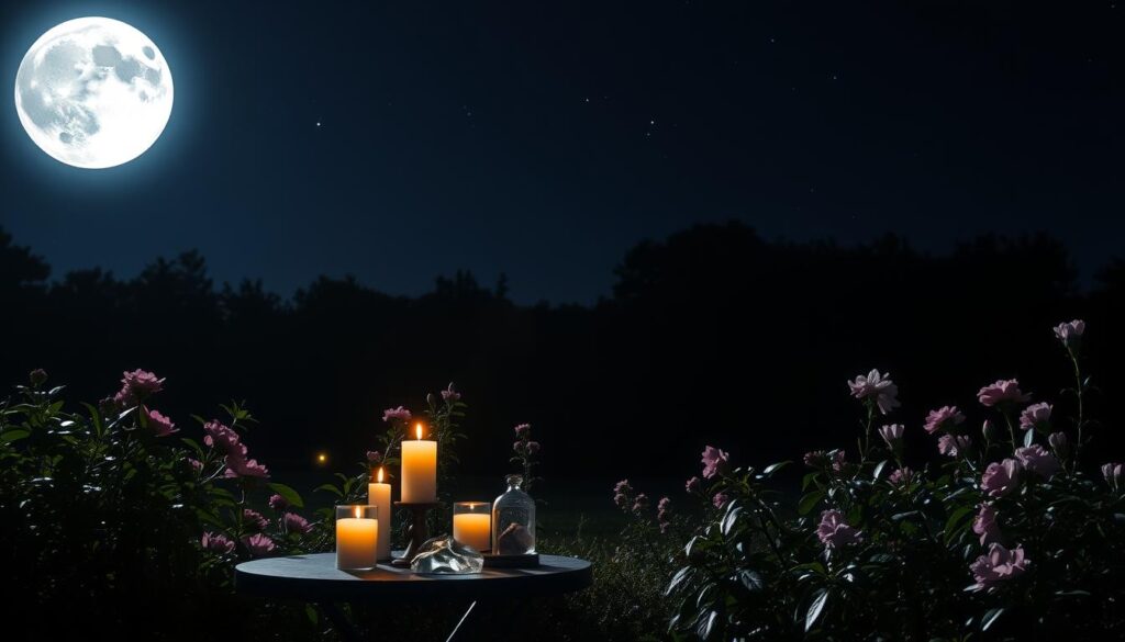 A serene night scene capturing the enchanting beauty of a full moon illuminating a tranquil outdoor setting. In the foreground, a small table is adorned with candles and crystals, softly glowing in the moonlight. The middle ground features a lush garden, blooming flowers and shimmering leaves reflecting the moon's silvery light. In the background, a distant silhouette of trees frames the scene, adding depth and mystery. The moon hangs large and luminous in a starry sky, casting a romantic ambiance over the entire scene. The lighting is ethereal, enhancing the sense of magic and tranquility, with a focus on soft shadows and appealing contrasts. The atmosphere is calm and inviting, embodying the concept of love and the importance of timing in rituals, perfect for setting the mood for a love spell.