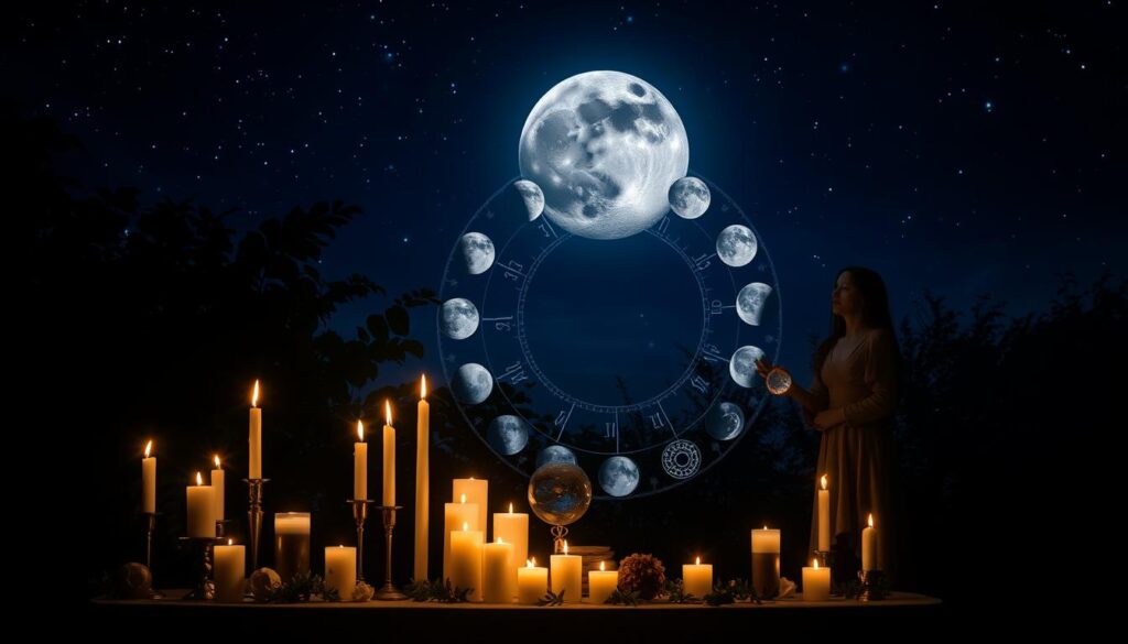 A serene night scene depicting the phases of the moon, centered in a dark blue sky shimmering with stars. In the foreground, a beautifully styled table adorned with candles in various shapes and heights, softly glowing with flickering flames. A graceful, dressed figure stands near the table, their hands gently manipulating a small crystal ball, radiating tranquility and focus. The middle ground features an ethereal lunar calendar, artistically designed with intricate symbols and phases of the moon, set against a backdrop of lush, dark foliage. The ambiance is magical and calming, with soft, diffused moonlight casting gentle shadows. The scene captures the essence of ritual and reflection, emphasizing the importance of timing with the moon's phases in candle magic.