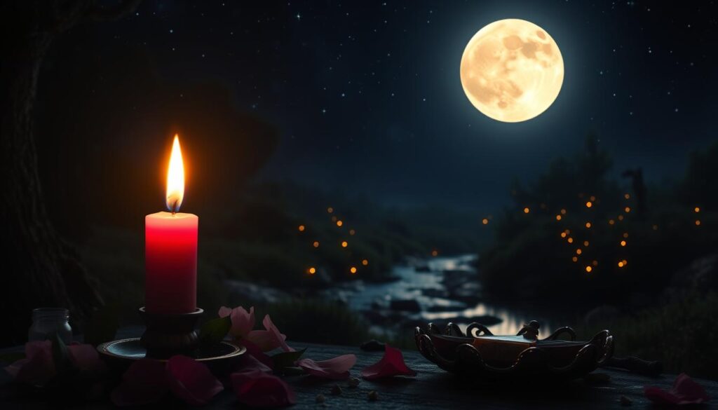 A serene night scene featuring a luminous full moon casting a gentle glow over a tranquil landscape. In the foreground, a beautifully crafted pink candle flickers softly, its warm light illuminating delicate petals from nearby flowers. The candle is placed on an elegant altar adorned with symbolic decorations for love magic. In the middle ground, a gentle stream reflects the moonlight, surrounded by lush foliage and twinkling fireflies, enhancing the magical atmosphere. In the background, a deep navy sky filled with stars sets the stage for this enchanting moment. The scene is captured in soft focus with low lighting to evoke a peaceful, romantic mood, suitable for a love spell ritual setting.
