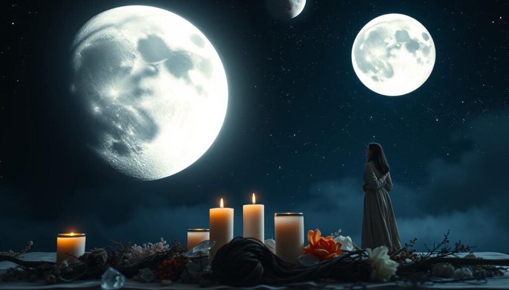 A serene night scene focused on the celestial beauty of a large, luminous moon in various phases, casting gentle silver light. In the foreground, a beautifully arranged altar featuring candles, small crystals, and strands of hair placed thoughtfully among floral elements. In the middle ground, an elegant figure dressed in modest, flowing robes, poised with a thoughtful expression, gazing at the moon. The background showcases a starry sky filled with twinkling stars, creating a tranquil and ethereal atmosphere. Soft, diffused moonlight illuminates the scene, highlighting textures and colors with a gentle glow. The image captures a sense of calm and intention, inviting viewers to reflect on the sacred timing of rituals under the moon. A serene night scene focused on the celestial beauty of a large, luminous moon in various phases, casting gentle silver light. In the foreground, a beautifully arranged altar featuring candles, small crystals, and strands of hair placed thoughtfully among floral elements. In the middle ground, an elegant figure dressed in modest, flowing robes, poised with a thoughtful expression, gazing at the moon. The background showcases a starry sky filled with twinkling stars, creating a tranquil and ethereal atmosphere. Soft, diffused moonlight illuminates the scene, highlighting textures and colors with a gentle glow. The image captures a sense of calm and intention, inviting viewers to reflect on the sacred timing of rituals under the moon.