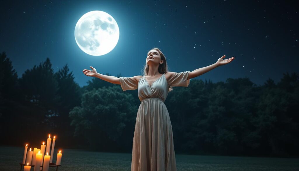 A serene night scene under a bright full moon, casting a silvery glow across a tranquil forest clearing. In the foreground, a beautiful Caucasian woman in a modest, flowing dress stands with her arms outstretched, her face uplifted to the moon, embodying a sense of longing and connection. Surrounding her are glowing candles arranged in a delicate circle, their soft flicker enhancing the magical atmosphere. In the middle ground, a lush array of trees gently sways in the night breeze, their leaves shimmering softly in the moonlight. The background reveals a starry sky, a rich tapestry of deep blues and purples that evokes a sense of wonder and possibility. The entire scene is illuminated by the ethereal light of the full moon, creating a mystical and inviting ambiance. The mood is one of enchantment, warmth, and the promise of love.