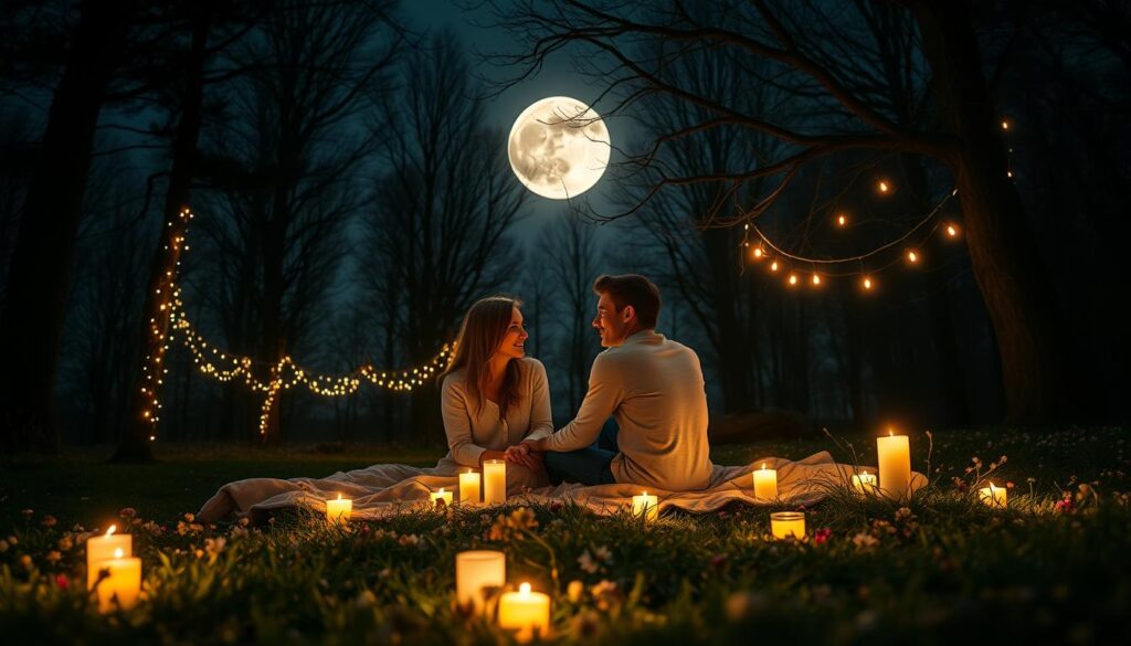 A serene night scene under a full moon that illuminates a tranquil forest glade. In the foreground, a beautiful Caucasian couple sits on a soft blanket covered in glowing candles, engaged in a heartfelt moment. They are dressed in modest casual clothing, radiating warmth and connection. In the middle ground, delicate flowers and herbs typical of love spells are scattered around them, with twinkling fairy lights adorning the branches above. The background features silhouetted trees against the starry sky, creating a dreamlike atmosphere. Soft, warm lighting enhances the romantic mood, capturing the essence of timing and love. The angle is slightly elevated, providing a panoramic view of this enchanting scene, invoking a sense of intimacy and magic in the air. A serene night scene under a full moon that illuminates a tranquil forest glade. In the foreground, a beautiful Caucasian couple sits on a soft blanket covered in glowing candles, engaged in a heartfelt moment. They are dressed in modest casual clothing, radiating warmth and connection. In the middle ground, delicate flowers and herbs typical of love spells are scattered around them, with twinkling fairy lights adorning the branches above. The background features silhouetted trees against the starry sky, creating a dreamlike atmosphere. Soft, warm lighting enhances the romantic mood, capturing the essence of timing and love. The angle is slightly elevated, providing a panoramic view of this enchanting scene, invoking a sense of intimacy and magic in the air.