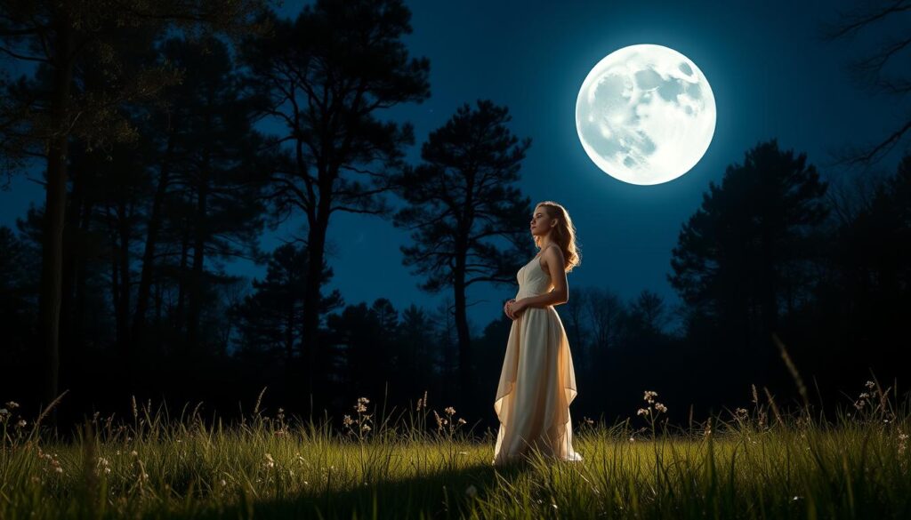A serene night scene under a luminous full moon, casting a silvery glow over a tranquil woodland clearing. In the foreground, an elegantly dressed Caucasian couple stands close together, their expressions filled with warmth and affection, embodying the essence of love and connection. They wear soft, flowing outfits in muted pastel colors that blend harmoniously with the night. The middle ground features delicate wildflowers and softly swaying grass illuminated by moonlight, enhancing the romantic atmosphere. In the background, tall trees frame the scene, their leaves rustling gently in a light breeze, while stars twinkle in the deep blue sky. The overall mood is enchanting and magical, evoking feelings of intimacy and serenity, perfect for the theme of lunar love magic. The composition should be illuminated by soft, dreamy lighting with a slight bokeh effect to create a dreamy feel.