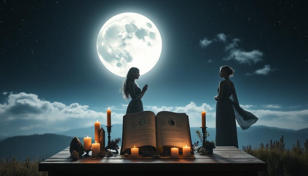 A serene night sky dominated by a luminous full moon, casting soft, silver light over a tranquil landscape. In the foreground, a beautifully arranged altar set on a wooden table features crystals, candles, and herbs neatly placed around a central open spellbook, showcasing moon phases. The middle ground features elegant, ethereal silhouettes of two Caucasian figures in modest, flowing clothing, conducting a simple ritual. They are focused and serene, surrounded by a gentle glow that emanates from the candles. In the background, the night sky is filled with twinkling stars, and delicate wisps of clouds drift slowly past the moon. The atmosphere is peaceful and mystical, inviting contemplation and intention. Use soft, diffused lighting to highlight the enchanting scene, captured from a slightly elevated angle to encompass the depth of the setting.