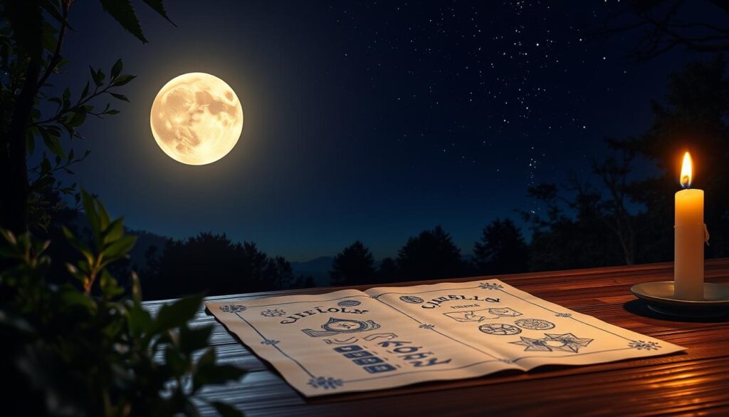 A serene night sky illuminated by a radiant full moon hangs over a tranquil landscape. In the foreground, a delicate, handcrafted piece of paper is spread out on a wooden table, surrounded by lush green plants and a flickering candle that casts warm, golden light. The moon's glow reflects softly off the paper, hinting at magical symbols. In the middle ground, silhouettes of trees frame the scene, creating a peaceful woodland atmosphere. In the background, a cascade of stars twinkle against the deep indigo sky, enhancing the enchanting mood. The lighting is soft and ethereal, suggesting a sense of calm and reflection, inviting viewers to connect with the energy of the moon. The image should evoke feelings of tranquility, inspiration, and the mystical essence of love spells.