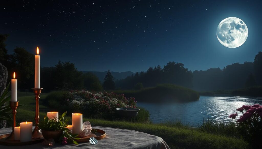 A serene nighttime landscape depicting the mystical influence of the moon on love spells. In the foreground, a beautifully arranged altar with candles, crystals, and herbs symbolizes intention, softly illuminated by the gentle glow of a new moon. The middle ground features a lush garden with blooming flowers under a starlit sky, accentuating the magic of the atmosphere. In the background, the full moon rises, casting silvery light over the scene, creating dreamy reflections on a tranquil pond. The lighting is soft and ethereal, enhancing the enchanting mood. The composition is framed as if viewed through a delicate lens, evoking a sense of wonder and tranquility. Overall, the image embodies the duality of the new and full moon, inviting viewers to explore the powerful timing of love spells.