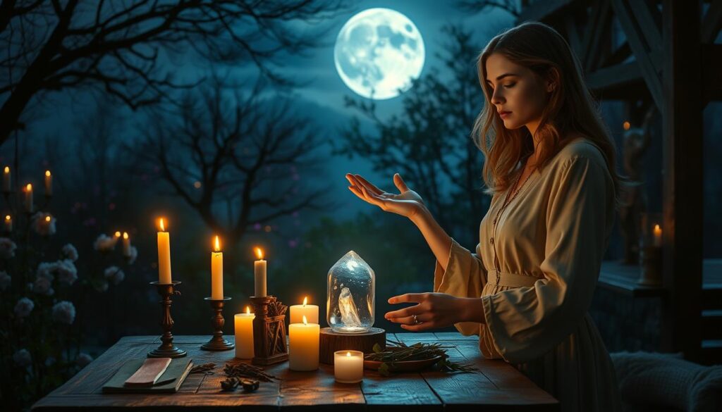 A serene nighttime scene featuring a beautiful Caucasian woman, dressed in elegant, modest attire, standing at a rustic wooden table adorned with candles and mystical herbs. She is focused on casting a love spell, her hands gracefully moving through the air, directing energy towards a glowing crystal in the center. The gentle flicker of candlelight creates a warm, inviting glow that contrasts with the deep blues and purples of the night sky. In the background, a full moon casts silver light over a tranquil garden filled with blooming flowers and whispering trees. The atmosphere is mystical and enchanting, reflecting the energy and focus essential for effective spellcasting. Use a soft lens to enhance the dreamy quality of the scene, capturing the delicate interplay of light and shadow.
