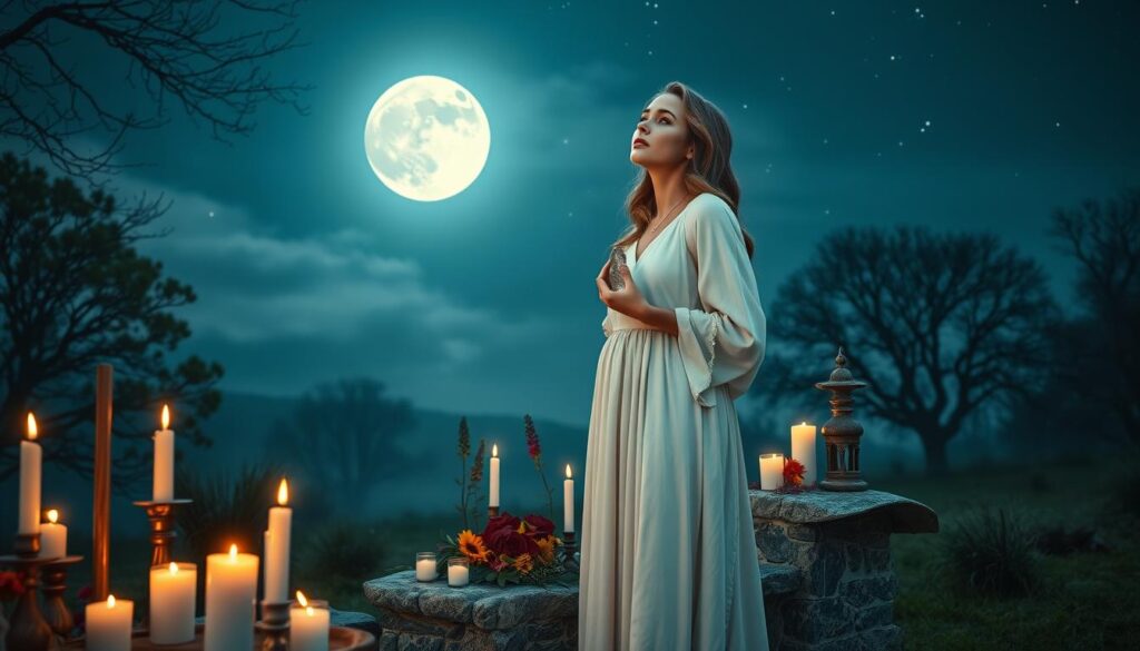 A serene nighttime scene featuring a full moon casting a silvery glow over a tranquil landscape. In the foreground, a beautiful Caucasian woman stands surrounded by flickering candles and mystical objects, dressed in a flowing, modest white gown. She gazes up at the full moon with a look of focus and intent, holding a crystal pendant in one hand. The middle ground showcases a small, enchanting altar made of natural stones adorned with vibrant flowers and herbs. The background features gently swaying trees and a starlit sky, creating a magical atmosphere. The scene is illuminated by the soft, ethereal light of the moon, enhancing the mystical and romantic vibe while evoking feelings of hope and new love. Shot with a wide-angle lens to capture both the woman and the enchanting surroundings, creating an immersive experience.