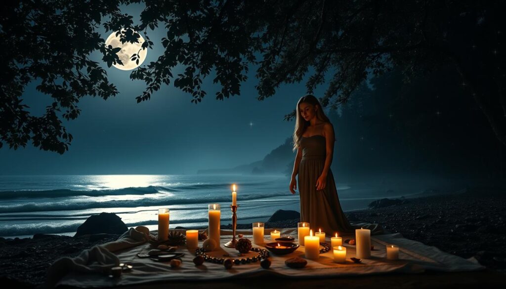 A serene nighttime scene illuminated by soft, silvery moonlight filtering through a lush canopy of trees. In the foreground, two beautiful Caucasian figures, a man and a woman, are engaged in a love ritual, dressed in elegant and modest casual clothing. They hold hands, their expressions reflecting deep connection and intention. Surrounding them are assorted candles and ritualistic symbols laid out on a delicate cloth, adding a sense of mystique. In the middle ground, gentle waves lap against a nearby shore, while twinkling stars dot the clear night sky. The background features a mystical forest enveloped in shadows, enhancing the ethereal atmosphere. The overall mood is enchanting and romantic, capturing the essence of love practices under the moon’s gentle gaze, with a cinematic depth of field emphasizing the figures in harmonious clarity.