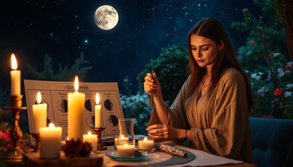 A serene nighttime setting captures the essence of love spells, featuring a beautifully arranged altar adorned with candles and mystical herbs. In the foreground, a Caucasian figure in modest, flowing attire carefully measures a fragrant herbal blend, illuminated by the soft, flickering light of the candles. The middle ground showcases a moon phase chart, with clear indications of the waxing moon, emphasizing the importance of timing. The background depicts a tranquil garden under a starlit sky, with lush greenery and blooming flowers, creating a magical atmosphere. The scene is bathed in gentle, ethereal lighting, evoking a sense of peace and enchantment, suitable for a ritual dedicated to love. The camera angle captures the intimate moment, focusing on the figure's intent expression while maintaining an inviting and mystical ambiance.