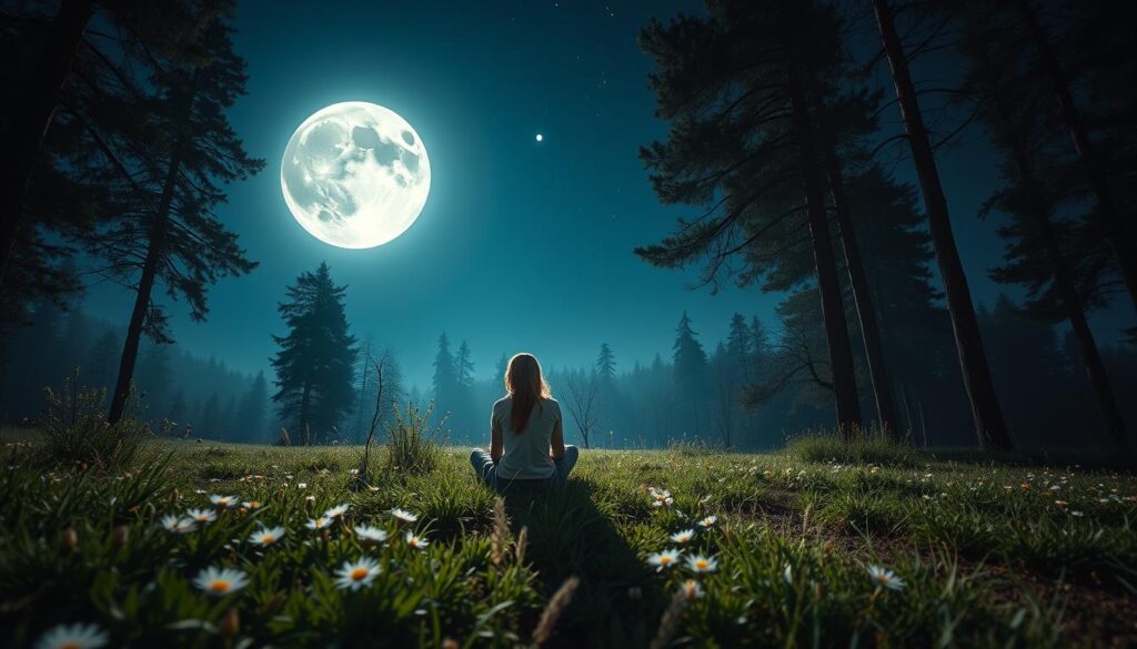 A serene nocturnal landscape featuring a luminous full moon casting a gentle silver glow over a tranquil forest clearing. In the foreground, a beautiful Caucasian couple, dressed in modest casual clothing, sits cross-legged on a soft patch of grass, their hands touching, conveying a sense of unity and connection. The middle-ground reveals scattered wildflowers illuminated by moonlight, enhancing the romantic atmosphere. In the background, tall trees frame the scene, their leaves rustling softly in a light breeze, while a starry sky completes the celestial view. The overall mood is enchanting and mystical, invoking a sense of love and magic, as the full moon shines brightly above, symbolizing new beginnings and heartfelt intentions. The image should be captured with a wide-angle lens to create a sense of depth and wonder, embracing the beauty of the night.