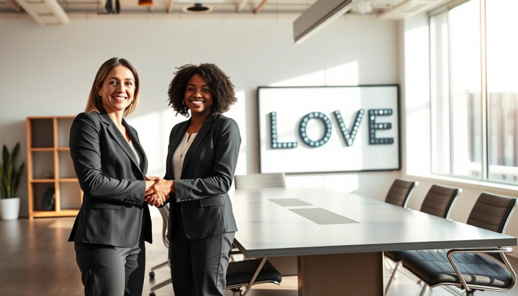 A serene office environment featuring two diverse business leaders standing together, smiling and engaged in a supportive handshake. In the foreground, the leaders, a confident Caucasian woman in a tailored suit and a distinguished Caucasian man wearing smart casual attire, exude warmth and collaboration, symbolizing the concept of "love leadership." The middle ground includes a large, modern conference table with an inspiring vision board showcasing the letters L-O-V-E in an artistic format. The background shows a bright, airy office with large windows letting in natural light, casting soft shadows, creating an inviting atmosphere. The overall mood is uplifting and positive, emphasizing unity and support in leadership. Use a warm color palette, with soft focus for added depth, and a slightly elevated angle for a dynamic perspective. A serene office environment featuring two diverse business leaders standing together, smiling and engaged in a supportive handshake. In the foreground, the leaders, a confident Caucasian woman in a tailored suit and a distinguished Caucasian man wearing smart casual attire, exude warmth and collaboration, symbolizing the concept of "love leadership." The middle ground includes a large, modern conference table with an inspiring vision board showcasing the letters L-O-V-E in an artistic format. The background shows a bright, airy office with large windows letting in natural light, casting soft shadows, creating an inviting atmosphere. The overall mood is uplifting and positive, emphasizing unity and support in leadership. Use a warm color palette, with soft focus for added depth, and a slightly elevated angle for a dynamic perspective.