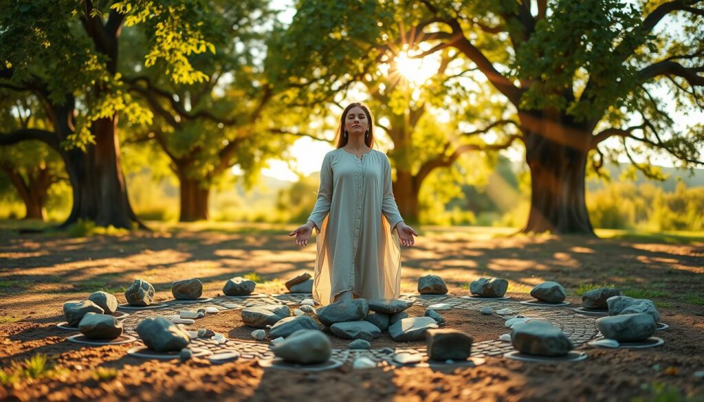 A serene outdoor scene depicting a protection circle for grounding. In the foreground, beautifully arranged stones and crystals in a circular formation, radiating energy and protection. A peaceful Caucasian woman, dressed in modest, flowing clothing, stands in the center of the circle, eyes closed, immersed in meditation. Soft rays of golden sunlight filter through lush green trees in the middle ground, illuminating the scene with a warm, ethereal glow. Gentle breezes cause leaves to dance, adding to the tranquility. The background features soft-focus ancient trees and a hint of a clear blue sky, creating a harmonious, spiritual atmosphere. The overall mood is calm, inviting, and centered, perfect for grounding energy and protection.