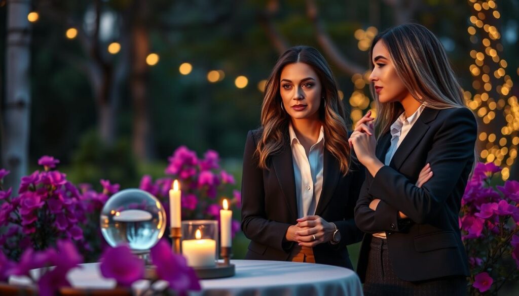 A serene outdoor setting at dusk, featuring two beautiful Caucasian individuals in professional business attire, engaged in a thoughtful discussion. In the foreground, a small table adorned with candles and a crystal ball symbolizes the mystical aspect of love spells. The middle ground showcases vibrant pink and purple flowers, representing romantic growth and emotions. The background includes softly lit trees, creating a woodland atmosphere with gentle twinkling lights mimicking stars, enhancing the magic in the scene. The warm lighting casts a soft glow on the subjects, emphasizing their expressions of hope and determination. The overall mood is uplifting and inspiring, reflecting the theme of progress and anticipation in the journey of love.