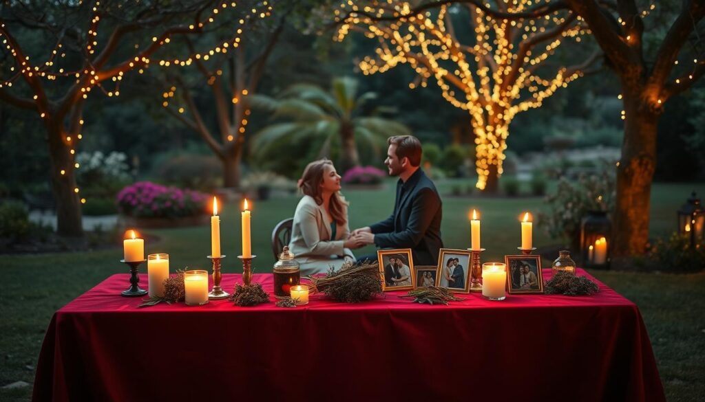 A serene outdoor setting at dusk, illuminated by soft, warm lighting that creates a magical atmosphere. In the foreground, a beautifully arranged table draped in a rich, deep red cloth features a collection of candles, herbs, and photographs of couples, symbolizing love and connection. In the middle ground, two Caucasian figures, a man and a woman, are seated across from each other, dressed in elegant yet modest outfits, their expressions reflecting warmth and understanding as they hold hands. The background showcases a lush garden with twinkling fairy lights adorning the trees, creating an enchanting and romantic ambiance. The composition captures a sense of intimacy and commitment, evoking the essence of a love spell designed to strengthen bonds.