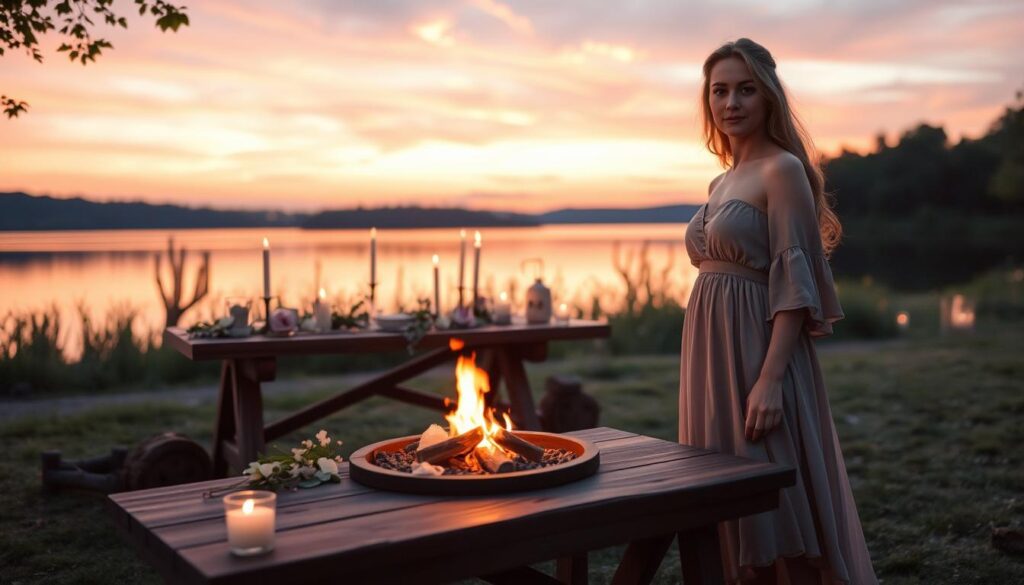 A serene outdoor setting at twilight, ideal for casting a love spell. In the foreground, a beautiful Caucasian woman dressed in a flowing, modest dress stands beside a rustic wooden table adorned with candles, crystals, and delicate flowers. The middle ground features a softly glowing fire pit with gentle flames, surrounded by enchanting greenery. In the background, a calm lake reflects the twilight sky, where soft hues of purple, pink, and orange blend together. The atmosphere is tranquil and magical, evoking a sense of romance and mystery. The lighting is warm and inviting, casting soft shadows and creating a dreamy ambiance. The composition is captured from a slightly elevated angle, emphasizing the intimacy of the scene.