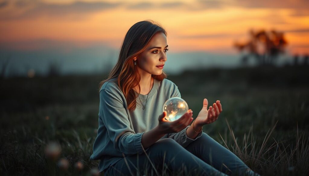 A serene outdoor setting at twilight, where a beautiful Caucasian woman in modest casual clothing sits on soft grass, gazing thoughtfully at a delicate crystal orb in her hands, symbolizing free will and ethical choices. Surround her with soft glowing light emanating from the crystal, casting gentle reflections on her face, revealing her contemplative expression. In the middle ground, ethereal symbols of love like intertwined vines subtly weave through the scene, embodying the idea of enchanted love spells, while the warm colors of the setting sun blend into cool twilight hues in the background establishing a calming atmosphere. Use a shallow depth of field to bring focus to the woman and the crystal, capturing her in a moment of reflection, illuminated by glowing emanations, evoking a mood of introspection and wonder.