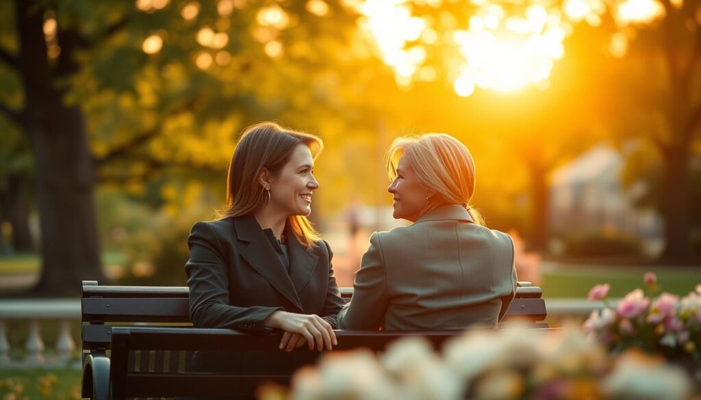 A serene outdoor setting during golden hour, featuring two beautiful Caucasian figures dressed in professional business attire, seated on a park bench. In the foreground, they engage in a heartfelt conversation, expressions filled with hope and understanding, embodying themes of reconciliation and commitment. In the middle ground, a soft focus reveals vibrant trees and flowers, symbolizing growth and healing. In the background, a romantic sunset casts warm, ethereal light over the scene, creating a dreamy atmosphere. Capture the moment using a slightly elevated angle to emphasize their connection and the enveloping warmth of the light, evoking feelings of love and introspection. Overall, the mood is uplifting and reflective, highlighting the importance of relationship dynamics and emotional bonds.