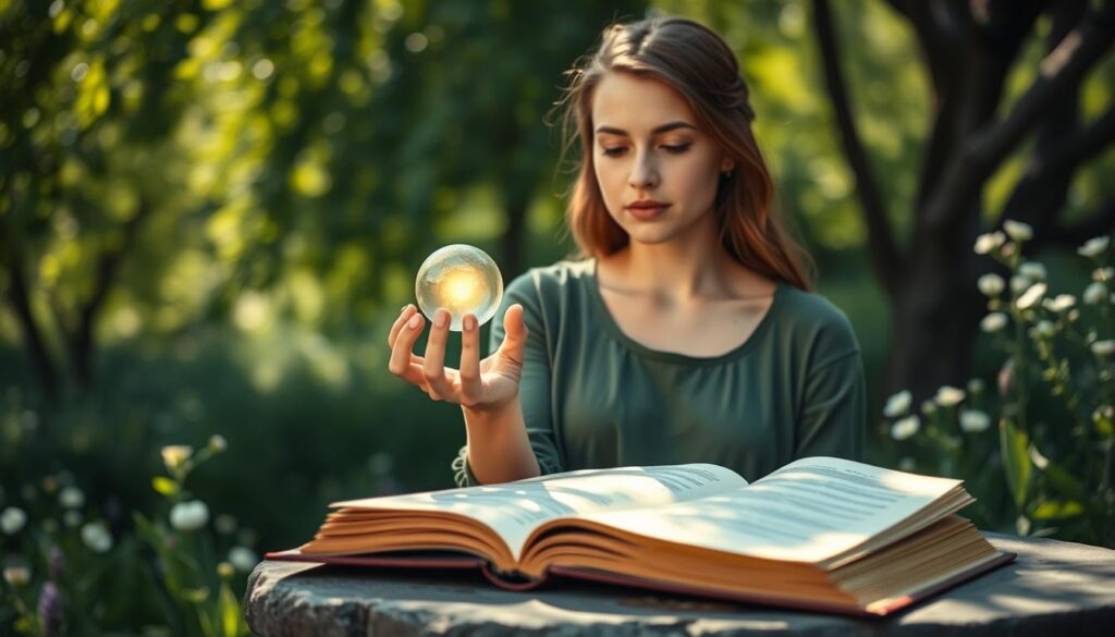A serene outdoor setting, showcasing a young Caucasian woman in modest casual clothing, focused on learning the basics of spellcasting. She stands in a lush green garden, surrounded by gentle sunlight filtering through the leaves, casting dappled light on her face. In her hands, she holds an enchanting, glowing orb, symbolizing the essence of magic. Nearby, an open, ancient book of spells rests on a weathered stone table, its pages gently fluttering in the breeze. The background features soft, mystical trees and delicate flowers, creating a tranquil atmosphere. The scene is framed with a shallow depth of field, emphasizing the woman's concentration on the orb and book, while the background remains beautifully blurred. This image conveys a sense of wonder and possibility, perfect for inspiring new casters.