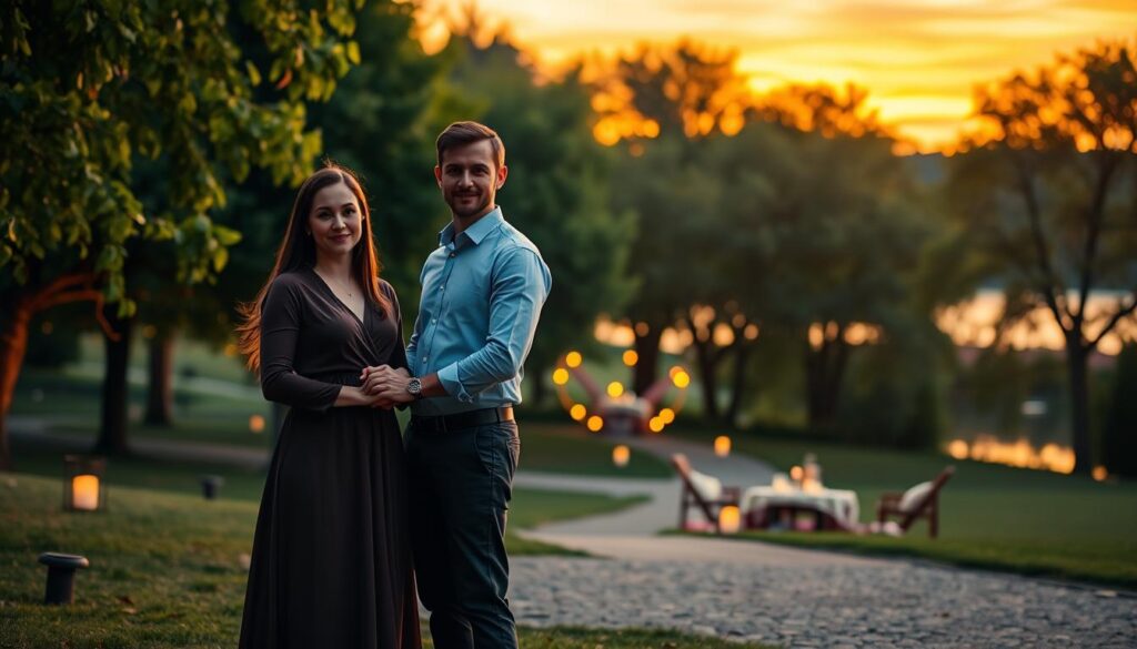 A serene park at twilight, bathed in the soft, golden glow of sunset. In the foreground, two beautifully dressed Caucasian figures, a man and a woman, stand closely together, their hands clasped, radiating warmth and connection. The woman wears a modest, elegant dress, while the man is in a smart casual shirt and slacks. In the middle ground, lush green trees sway gently in the light breeze, with scattered lanterns lighting up the path that leads to a cozy picnic setup. In the background, a calm lake reflects the colorful sky, enhancing the romantic atmosphere. The mood is tranquil and intimate, evoking the perfect setting for a love spell ritual, captured with a shallow depth of field to emphasize the couple against the breathtaking landscape.