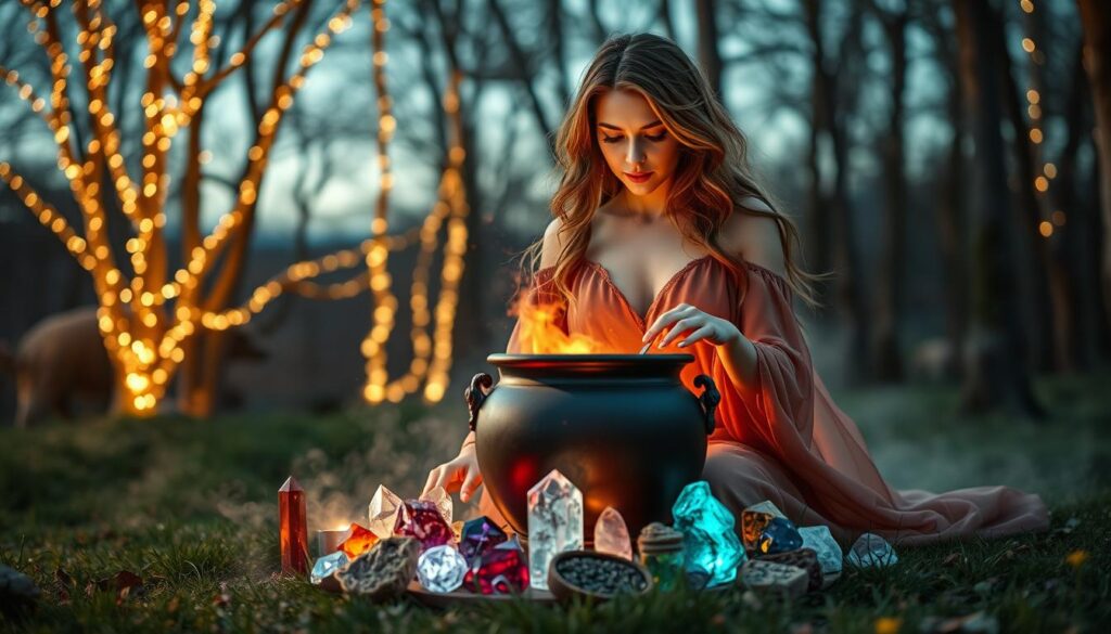 A serene potion-making scene set in a mystical forest clearing. In the foreground, a beautiful Caucasian woman in a flowing, elegant dress stirs a glowing cauldron filled with vibrant ingredients representing love, success, and inner power. Her expression is focused, conveying wisdom and intent. In the middle ground, an array of colorful crystals and herbs are artistically arranged around the cauldron, each symbolizing different forms of attraction. The background features softly illuminated trees with twinkling fairy lights and a twilight sky, casting a warm, enchanting glow. This magical atmosphere is enhanced by ethereal mist swirling around, creating a dreamlike quality. The composition invites a sense of wonder, aligning perfectly with the theme of attraction spells.