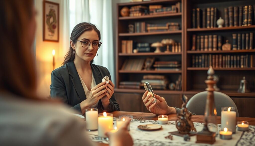 A serene professional setting featuring an expert in love spell removal, depicted as a beautiful Caucasian woman in modest, professional attire, guiding a client through the process. In the foreground, facial expressions convey empathy and understanding, as she holds a crystal in her hand. The middle ground showcases a beautifully arranged table with candles, herbs, and spiritual tools, creating a sense of focus and intention. In the background, soft, ambient lighting illuminates a bookshelf filled with ancient texts and mystical artifacts, enhancing the mystical atmosphere. The scene evokes a calming and hopeful mood, suggesting a safe space for healing and clarity. Use soft focus to add depth and warmth to the overall image.