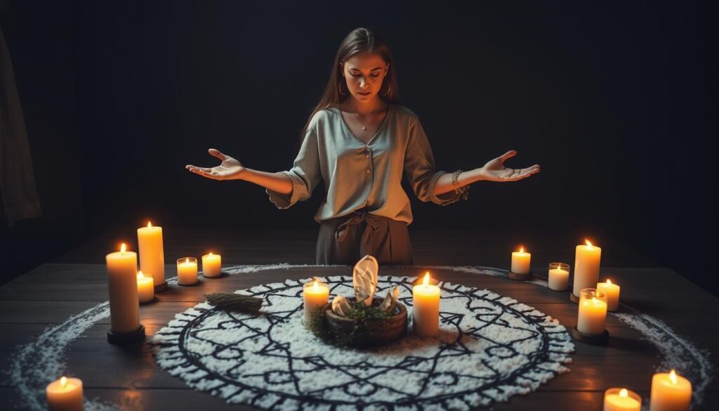 A serene protection ritual scene set in a dimly lit, atmospheric room. In the foreground, a beautiful Caucasian woman in modest casual clothing stands with outstretched arms, surrounded by glowing candles casting warm golden light. She is intently focused on a small altar adorned with crystals and herbs, symbolizing safety and love. In the middle ground, an intricate circle of salt or herbs is clearly visible, emphasizing the protective barrier. The background features soft shadows and mystical symbols subtly integrated into the walls, enhancing the atmosphere of magical safety. The lighting is gentle and inviting, creating a sense of calm and empowerment, ideal for a protective love spell ritual. A serene protection ritual scene set in a dimly lit, atmospheric room. In the foreground, a beautiful Caucasian woman in modest casual clothing stands with outstretched arms, surrounded by glowing candles casting warm golden light. She is intently focused on a small altar adorned with crystals and herbs, symbolizing safety and love. In the middle ground, an intricate circle of salt or herbs is clearly visible, emphasizing the protective barrier. The background features soft shadows and mystical symbols subtly integrated into the walls, enhancing the atmosphere of magical safety. The lighting is gentle and inviting, creating a sense of calm and empowerment, ideal for a protective love spell ritual.