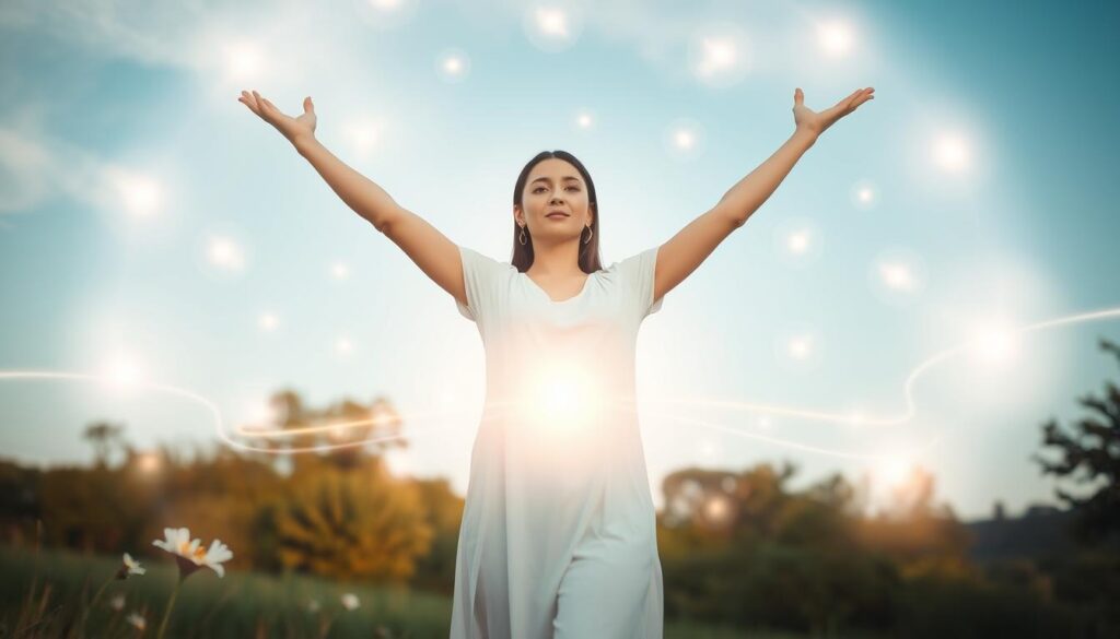 A serene, protective energy field envelops a gracefully posed figure, embodying a sense of safety and tranquility. In the foreground, a beautiful Caucasian woman stands confidently with her arms raised, surrounded by glimmering orbs of light that symbolize positive energy shields. The middle ground features gentle waves of light radiating outward, illustrating the dispersion of negative energy, while soft, ethereal flowers bloom around her, representing grounding and renewal. In the background, a peaceful nature scene unfolds, with a clear blue sky and lush greenery creating a calming atmosphere. The lighting is soft and diffuse, enhancing the dreamy quality of the scene, as if bathed in the golden hour glow. The angle captures the subject from slightly below, evoking empowerment and strength, while inviting viewers into a world of spiritual protection.