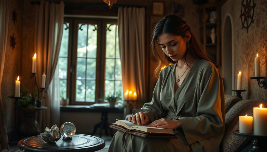 A serene room adorned with mystical symbols and gentle candles flickering, casting soft shadows on the walls. In the foreground, a beautiful Caucasian woman dressed in modest, flowing robes is writing in a leather-bound journal, her expression focused and contemplative. Beside her, a small table holds crystal balls and herbs, representing the elements of spell work. In the middle, a window reveals a tranquil garden outside, bathed in soft, natural light, symbolizing growth and progress. The background features mystical elements subtly incorporated, like faintly glowing sigils, enhancing the magical atmosphere. The overall mood is one of hope and transformation, conveying the patience and anticipation involved in breaking a love spell.