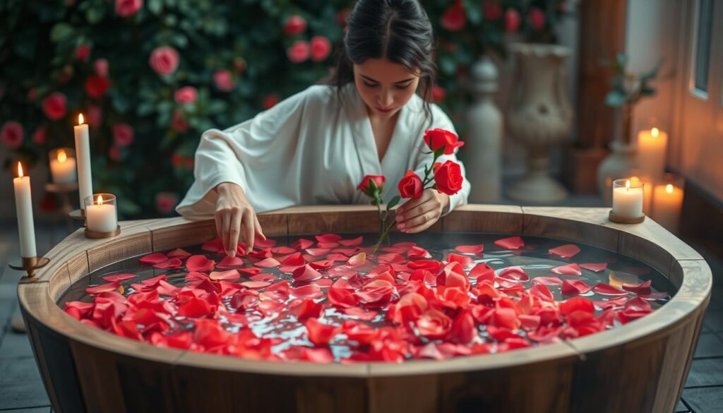 A serene rose bath ritual scene exuding tranquility and romance. In the foreground, a beautifully arranged wooden bath filled with rose petals in shades of red and pink, emitting soft ripples on the water's surface. Delicate candles flicker on the edges, their warm light casting a gentle glow. In the middle, a graceful Caucasian woman dressed in a modest, flowing white robe leans over the edge, gently placing fresh roses into the bath, her expression serene and focused. The background features soft, blurred foliage, hinting at a lush garden retreat, creating an intimate atmosphere. The setting is illuminated by soft, ambient lighting reminiscent of a late afternoon sun, enhancing the calming mood of love and self-care, inviting viewers to imagine a moment of relaxation and connection.