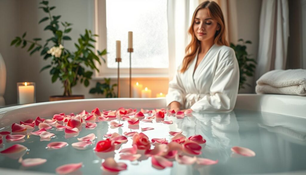 A serene rose bath ritual scene, featuring a beautiful Caucasian woman dressed in a flowing, elegant white robe, is situated in a softly lit, tranquil bathroom. In the foreground, petals of pink and red roses drift atop a luxurious, deep bathtub filled with warm, clear water. The middle ground reveals delicate candles flickering with soft golden light, casting gentle shadows. Behind the woman, lush greenery and soft fabrics create a calming atmosphere, suggesting a spa-like sanctuary. Natural light filters in through a frosted window, enhancing the overall warmth and serenity. The mood is peaceful and inviting, encouraging self-love and attraction, all captured from a slightly elevated angle to showcase the beauty of the rose bath and the ritual's soothing essence.