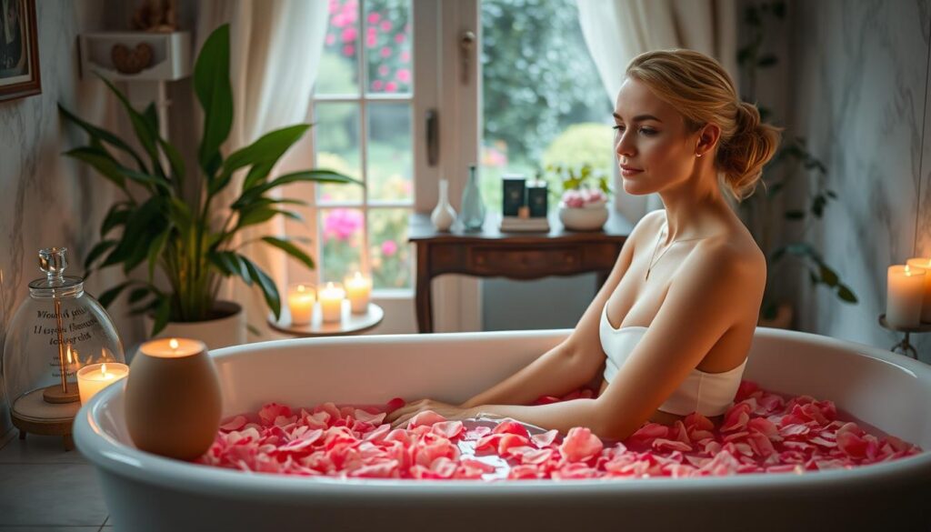 A serene rose bath ritual scene is set in a softly lit, tranquil bathroom. In the foreground, a beautiful Caucasian woman sits gracefully in a bathtub filled with delicate rose petals, surrounded by flickering candles casting a warm, inviting glow. The middle ground features calming elements such as a gently swirling aroma diffuser releasing relaxing essential oils and a small, elegant wooden table with handwritten affirmations and crystals to enhance positive energy. The background showcases lush green plants and an enchanted window revealing a peaceful garden outside, reflecting the theme of self-love and mindfulness. Soft, diffused lighting envelops the scene, creating a serene atmosphere that promotes inner peace and intention.