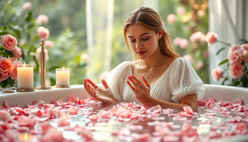 A serene rose bath ritual scene unfolds, centered around an elegantly adorned bathtub filled with soft pink rose petals. In the foreground, a beautiful Caucasian woman in a modest, flowing white dress gracefully immerses her hands in the water, evoking tranquility and self-care. She gazes thoughtfully at the gentle ripples, symbolizing love and connection. The middle ground features candles lit with soft, flickering flames, casting warm golden light that dances across the surface of the water. In the background, lush greenery and softly blurred flowers create an enchanting garden atmosphere. The scene is illuminated by natural, diffused sunlight filtering through, enhancing the overall ethereal mood of compassion and romance. Use a shallow depth of field to focus on the subject while softly blurring the background, creating a dreamlike quality.