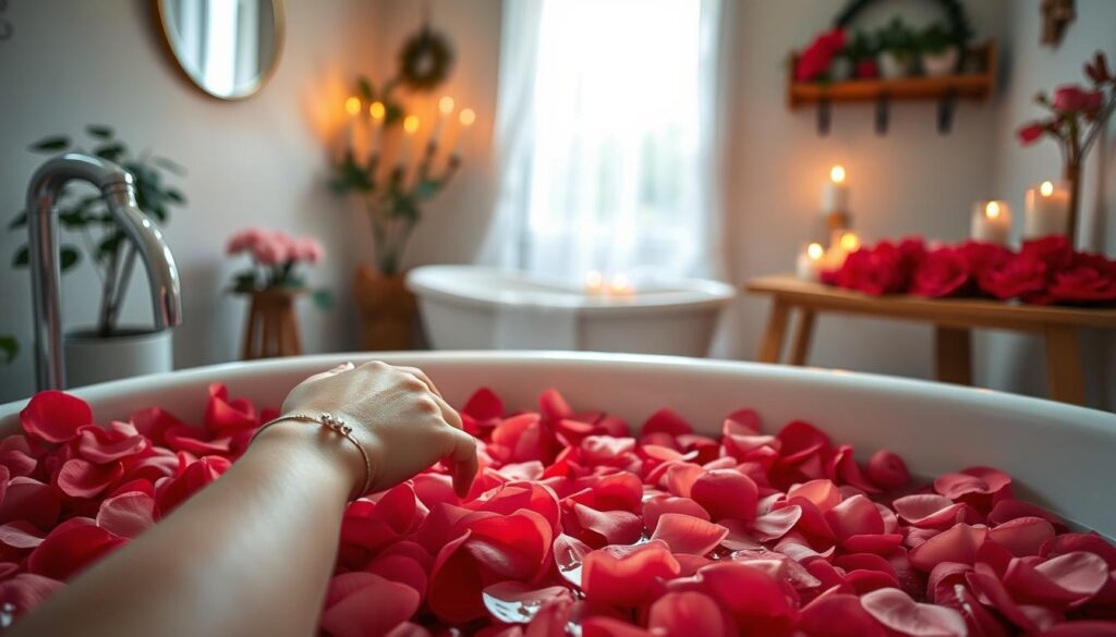 A serene rose bath ritual setting, featuring a beautifully arranged bath tub filled with soft, fragrant rose petals in varying shades of red and pink. In the foreground, a delicate hand reaches into the tub, gently stirring the petals, adorned with a simple silver bracelet. In the middle, warm candlelight flickers from elegantly arranged candles on a nearby wooden shelf, casting a soft glow across the scene. The background showcases a softly lit bathroom, with calming natural elements like potted greenery and light pastel wall colors. A large window allows a gentle stream of daylight to filter in, enhancing the tranquil atmosphere. The overall mood is inviting and romantic, perfect for a love spell ritual.