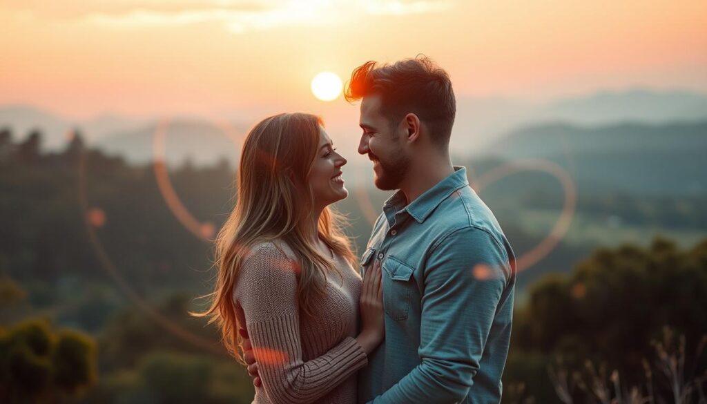 A serene scene capturing the essence of "love energy," with a beautiful Caucasian couple standing in the foreground, radiating warmth and connection. They are dressed in modest casual clothing, gazing into each other's eyes, creating an atmosphere of intimacy and joy. The middle layer features gentle, swirling light rays in soft pinks and golds encircling the couple, symbolizing the powerful energy of love. In the background, a dreamy landscape unfolds, with lush greenery and a soft-focus sunset casting a warm, golden hue across the sky. The lighting is soft and ethereal, creating a magical ambiance. The angle is slightly elevated, focusing on the couple while allowing the enchanting background to enhance the overall mood of harmony and alignment.