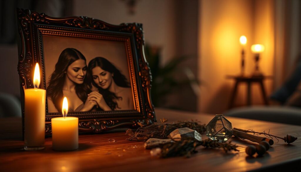 A serene scene capturing the essence of the classic candle-and-photo ritual for love spells. In the foreground, a beautifully lit, flickering candle glows softly, casting a warm golden light. Next to it, an elegant black-and-white photograph of a couple, framed in ornate wood, symbolizes affection and connection. In the middle ground, delicate herbs and crystals are artfully arranged around the candle, enhancing the mystical atmosphere. The background features a softly blurred, dimly lit room with gentle shadows playing against the walls, hinting at a peaceful, intimate space. The overall mood is one of tranquility and enchantment, with soft lighting creating a magical yet grounded ambiance, perfect for spiritual reflection and intention setting.