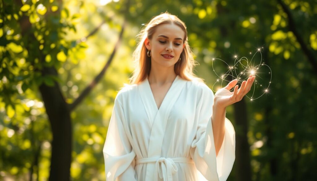 A serene scene depicting a beautiful Caucasian woman dressed in modest, flowing white robes, standing in a sun-dappled forest glade. She holds her hands gracefully, surrounded by ethereal, luminescent orbs representing white magic. Delicate wisps of shimmering energy flow from her fingertips, intertwining gently in the air, symbolizing intentions and positive energy. In the background, soft beams of sunlight filter through lush green leaves, creating a peaceful and inviting atmosphere. The soft focus lens effect enriches the dreamlike quality of the scene, enhancing the mood of tranquility and ethical intention. This image captures the essence of white magic while reflecting themes of consent and love, evoking a sense of harmony and positivity.