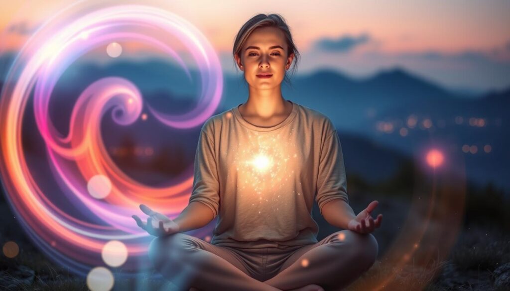 A serene scene depicting a beautiful Caucasian woman in modest casual clothing, seated in a meditative pose amidst a soft, glowing aura. In the foreground, her hands are gently positioned in front of her heart, channeling energy that radiates outward as shimmering light particles. The middle ground features a swirling, ethereal mist that represents her visualization energy, blending vibrant colors of blue, pink, and gold. In the background, a tranquil landscape of softly glowing trees and distant mountains under a twilight sky enhances the mystical atmosphere. The lighting is soft and magical, creating a sense of calm and focus, with a shallow depth of field emphasizing the woman's serene expression. The overall mood is one of empowerment and harmony, illustrating the essence of a no-ingredient visualization spell.