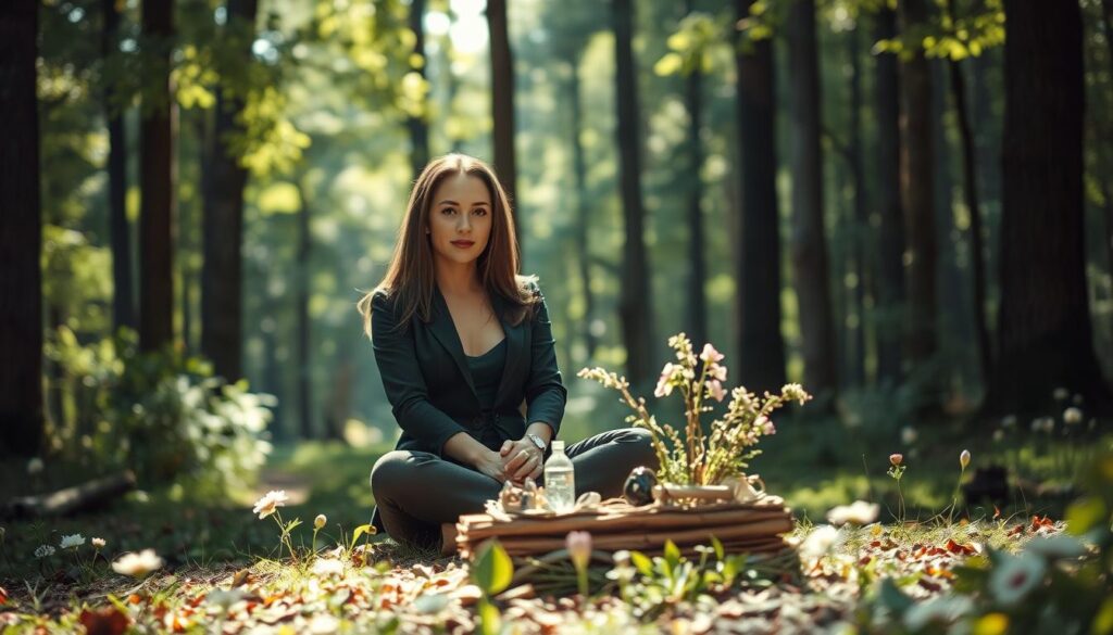 A serene scene depicting a beautiful Caucasian woman in professional attire, sitting cross-legged in a tranquil forest glade. She is surrounded by soft, dappled sunlight filtering through the leaves, creating a gentle, ethereal atmosphere. In the foreground, a small altar made of natural materials, adorned with crystals and herbs, symbolizes the intent and ethics of love spells. The middle ground features blooming flowers and subtle signs of nature’s harmony, emphasizing the theme of respect and consent. The background is filled with tall trees softly blurred to draw focus to the woman, who embodies contemplation and intentionality. The overall mood conveys a sense of peace and responsibility regarding love and magic.
