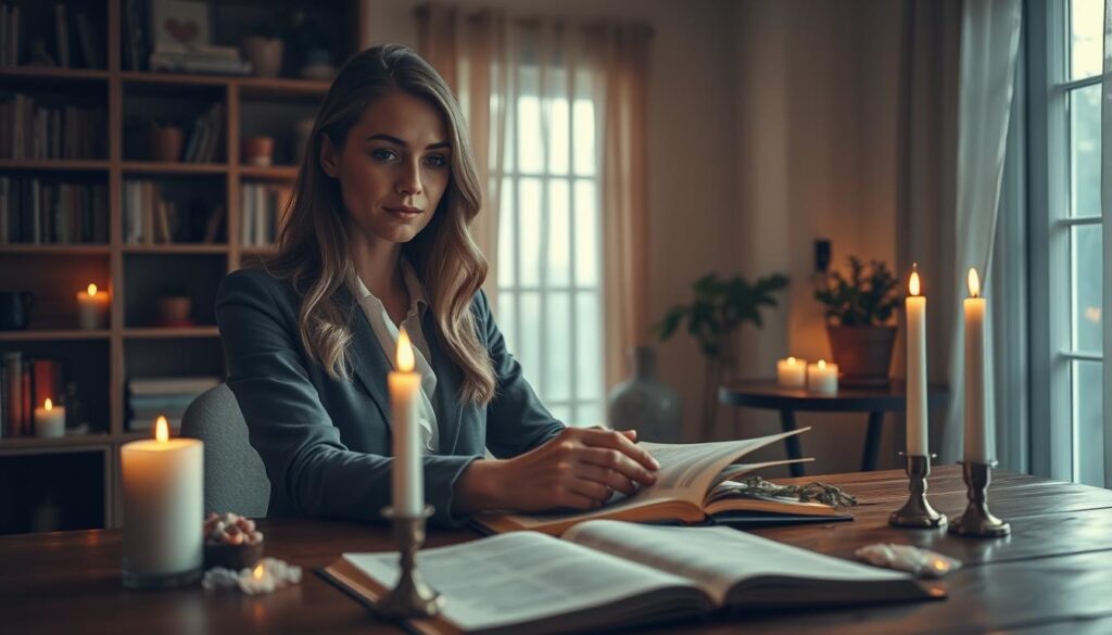 A serene scene depicting a beautiful Caucasian woman in professional attire, softly illuminated by the gentle glow of white candles, symbolizing "white magic." In the foreground, she sits at a wooden table adorned with delicate crystals and herbs, her hands poised over an open spell book, revealing her intention and focus. The middle ground features a softly lit room lined with shelves filled with mystical books and potted plants, exuding a sense of calm and harmony. The background shows a window with sheer curtains, allowing warm, natural light to filter in, enhancing the ethereal atmosphere. The mood is one of tranquility and introspection, inviting viewers to contemplate the ethics behind love binding spells and the essence of intention and free will in practice.