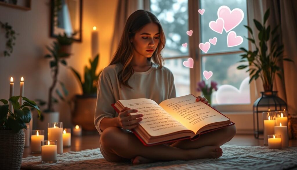 A serene scene depicting a beautiful Caucasian woman sitting cross-legged in a cozy, softly lit room adorned with plants and candles. In the foreground, she gazes thoughtfully at an open journal filled with affirmations about love, the pages subtly glowing to signify their power. The middle ground features a large window allowing warm, golden light to stream in, casting gentle shadows and creating a peaceful atmosphere. In the background, an ethereal image of heart shapes and soft clouds appears, representing visualization of love and positive energy. The overall mood is uplifting and tranquil, inviting the viewer to embrace the power of mindset in manifesting love through affirmations and visualization. The image embodies clarity, positivity, and magic.