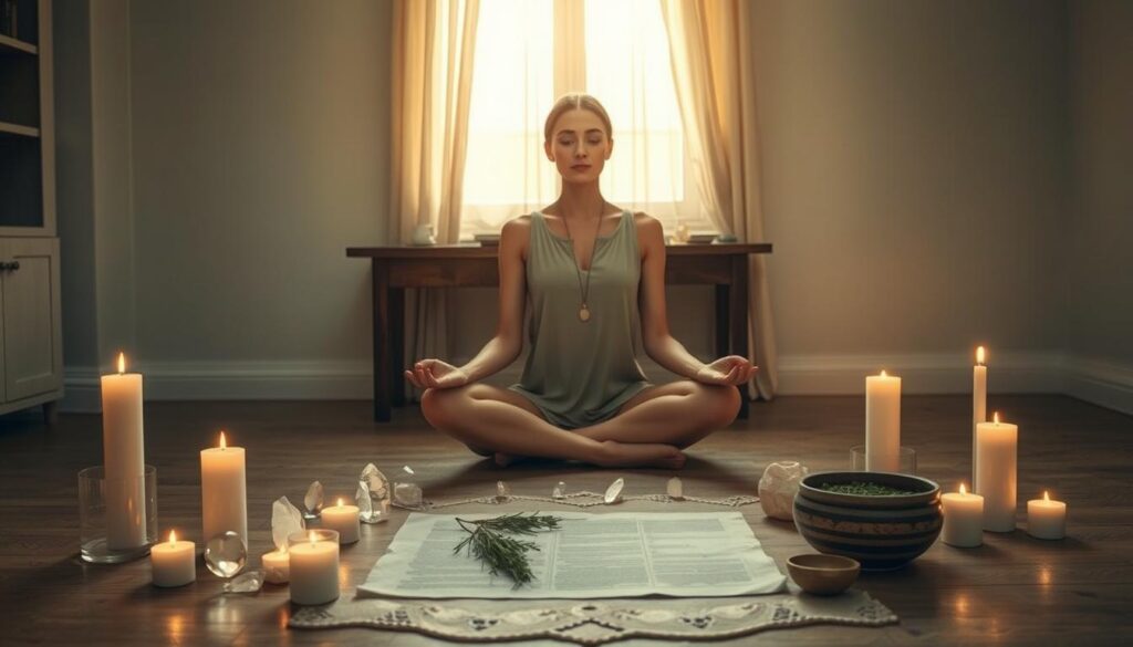 A serene scene depicting a beautiful Caucasian woman sitting cross-legged on a wooden floor in a softly lit room. She sits in a meditative pose, surrounded by glowing candles and delicate crystals arranged in a circular pattern. In the foreground, her hands are gently resting on her knees, palms upturned, conveying a sense of openness and clarity. The middle ground features a table adorned with herbs, parchment, and a small bowl, symbolizing the crafting of intentions. The background showcases a softly illuminated window with sheer curtains, allowing warm, golden light to filter through, enhancing the tranquil atmosphere. The overall mood is reflective and focused, embodying the importance of setting clear intentions.